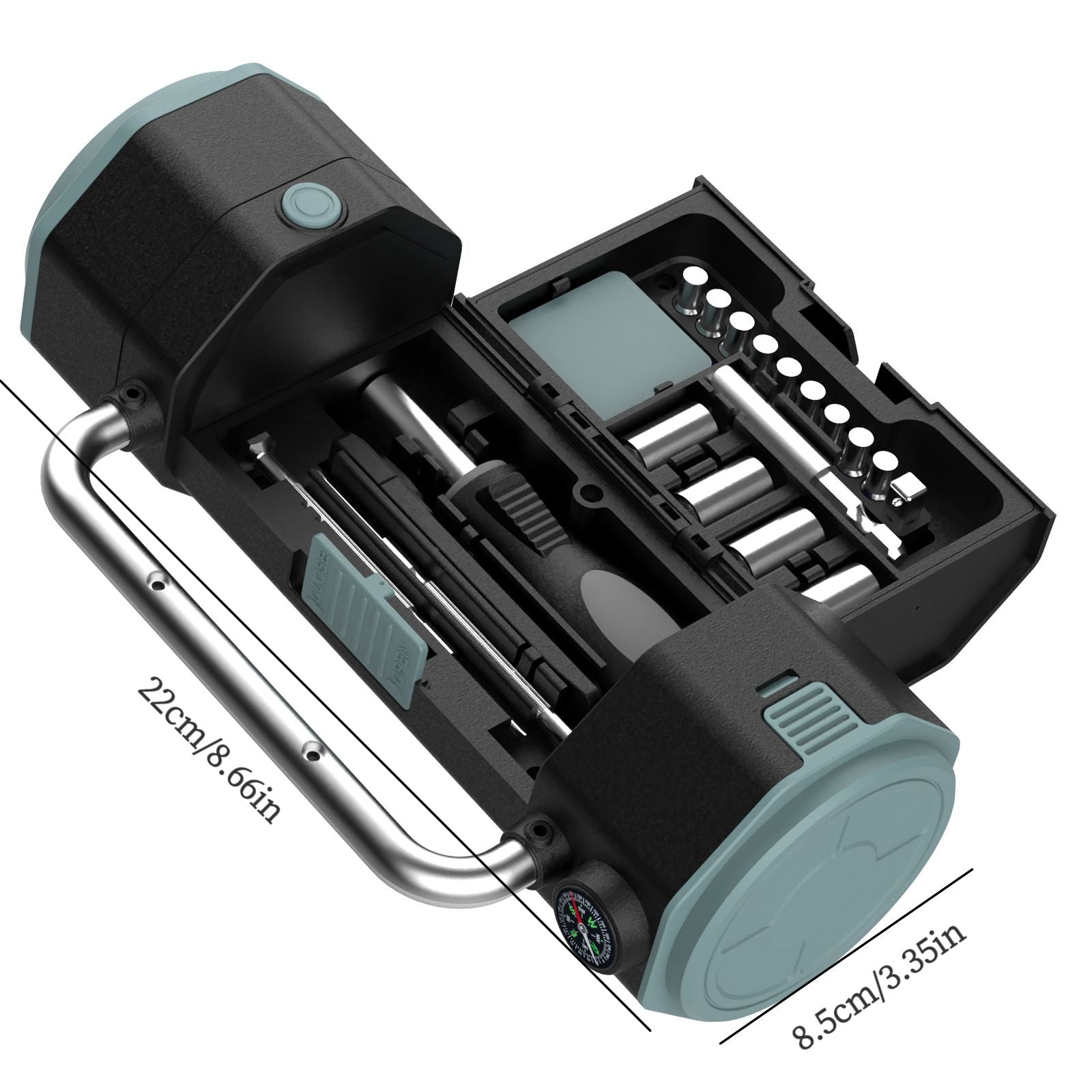 Multi-Functional Camping Lantern Tool Set, Includes 4 Sockets/10 Bits/Knife/Tape, LED Light+Compass, 3×AA Power, Outdoor & Home Emergency Repair