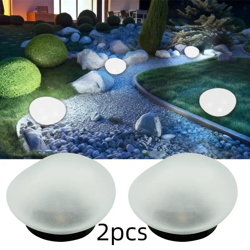 2pcs  solar simulated pebble garden lights, frosted texture blends naturally, smart light control auto on/off, waterproof and weather-resistant, stable placement, ideal for garden, lawn, pathway, and landscape lighting.*white light