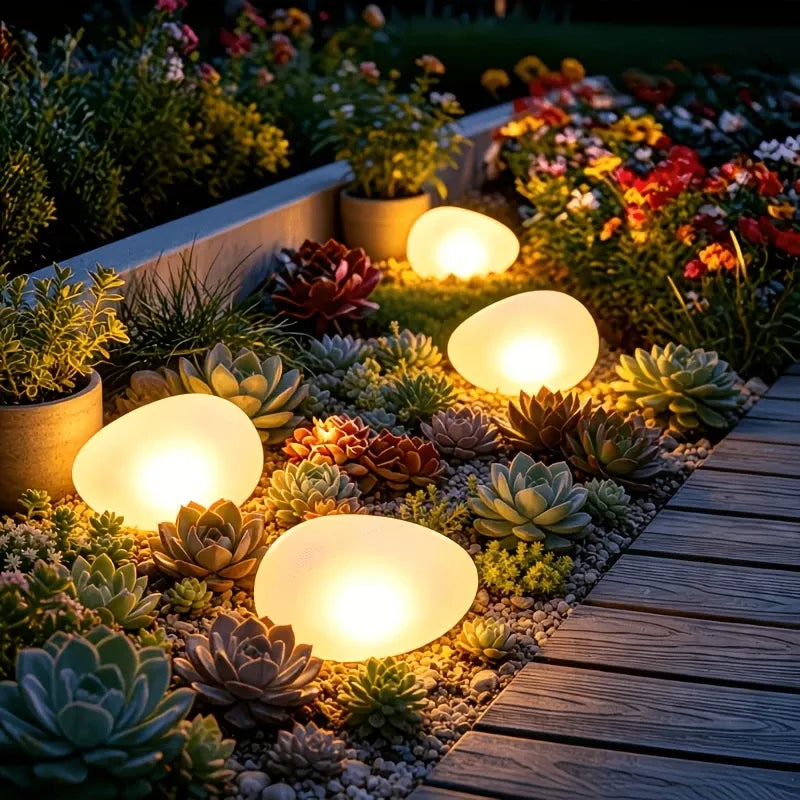 2pcs  solar simulated pebble garden lights, frosted texture blends naturally, smart light control auto on/off, waterproof and weather-resistant, stable placement, ideal for garden, lawn, pathway, and landscape lighting.*white light