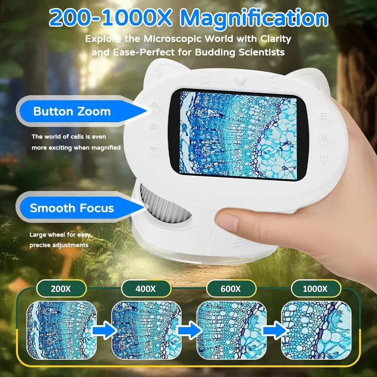 Children's 1000X Digital Microscope 2.4 Inch IPS Screen Portable Mini LED Microscope with Photo Video and PC Connection Science Educational Toy.PINK