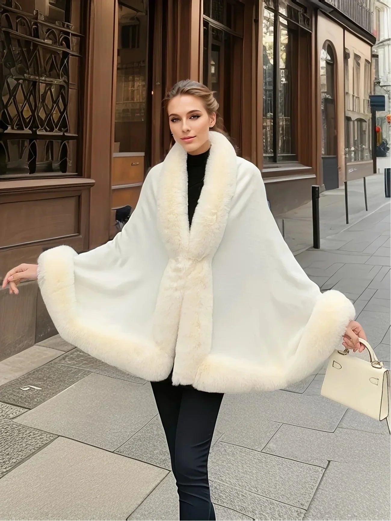 Imitation Mink Collar Knit Shawl: Autumn/Winter Retro Cape, Elegant, Versatile, and Flattering(BLACK)