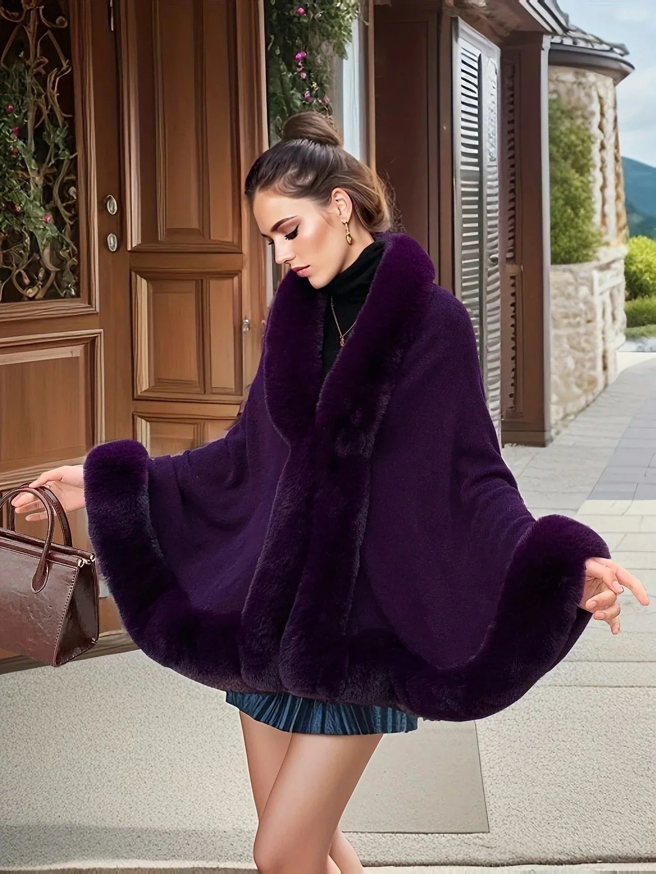 Imitation Mink Collar Knit Shawl: Autumn/Winter Retro Cape, Elegant, Versatile, and Flattering（purple）