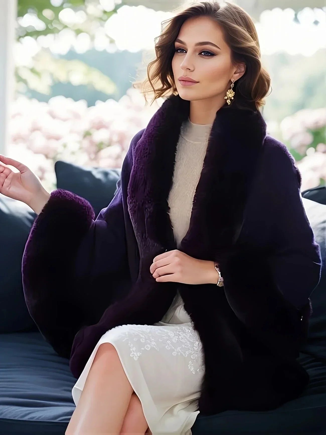Imitation Mink Collar Knit Shawl: Autumn/Winter Retro Cape, Elegant, Versatile, and Flattering（purple）