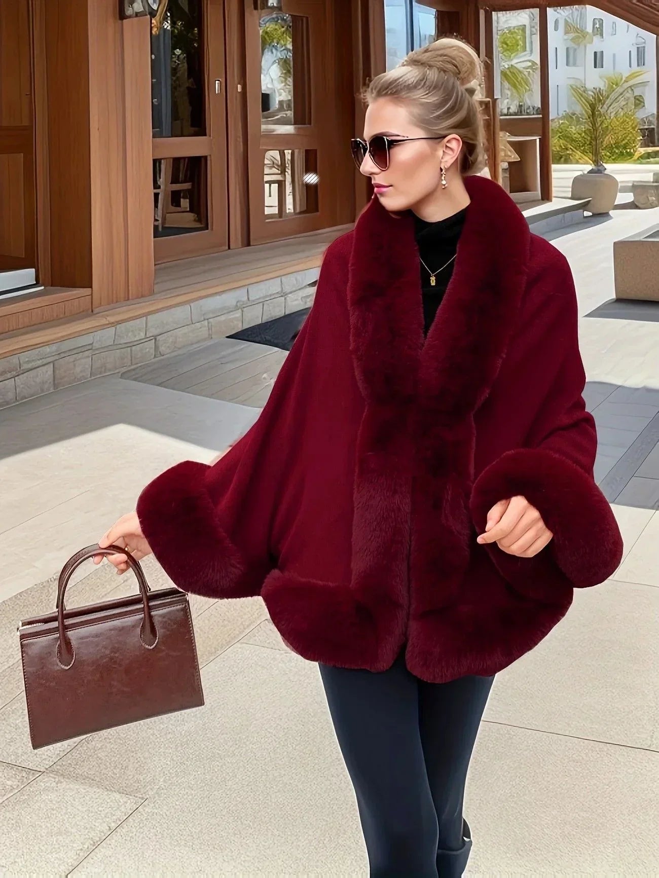 Imitation Mink Collar Knit Shawl: Autumn/Winter Retro Cape, Elegant, Versatile, and Flattering。（claret-red）