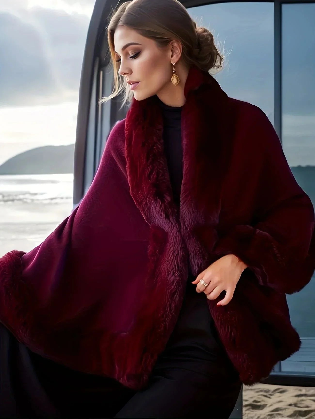 Imitation Mink Collar Knit Shawl: Autumn/Winter Retro Cape, Elegant, Versatile, and Flattering。（claret-red）