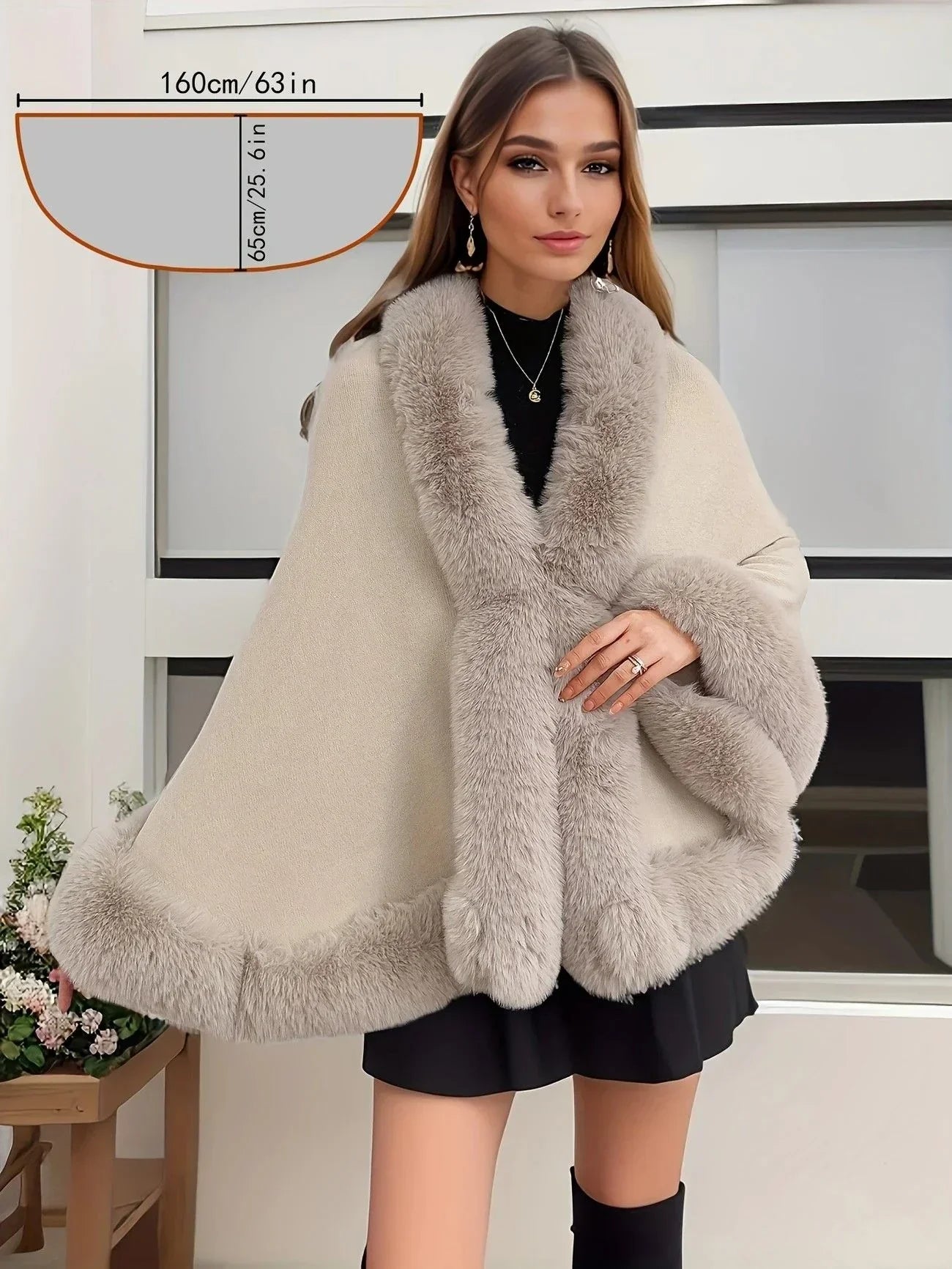 Imitation Mink Collar Knit Shawl: Autumn/Winter Retro Cape, Elegant, Versatile, and Flattering。（claret-red）