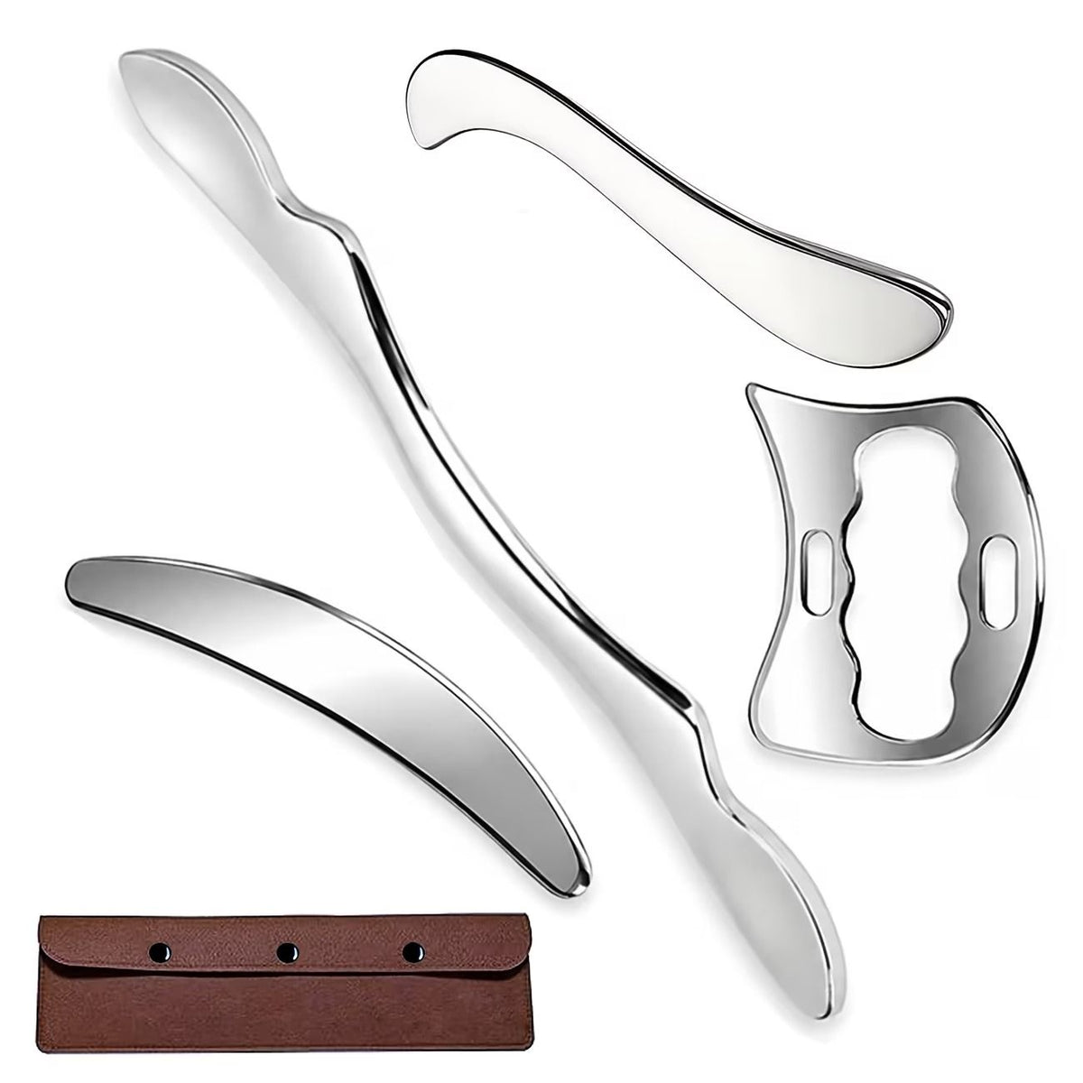 5-Piece Stainless Steel Gua Sha Scraping Tool Set (4 Scrapers + 1 Storage Pouch) – Muscle Relaxation Massage Tools, for Deep Tissue & Fascia Release, Suitable for Full Body, Face, Shoulders, Neck, Back, Legs & Hands