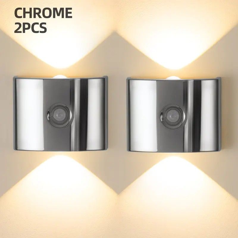 2PCS Induction wall lamp with three-color stepless dimming, 120° auto shut-off, USB rechargeable magnetic installation. Smart motion-sensing LED wall lamp, serving as both a night light and an ambient light./Chrome color
