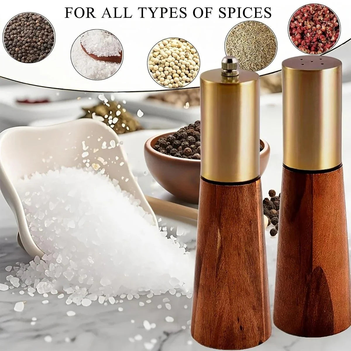 Salt and Pepper Grinder Set with Wooden Base Stainless Steel Manual Salt and Pepper Mills Adjustable Coarseness for Kitchen BBQ Picnic.golden
