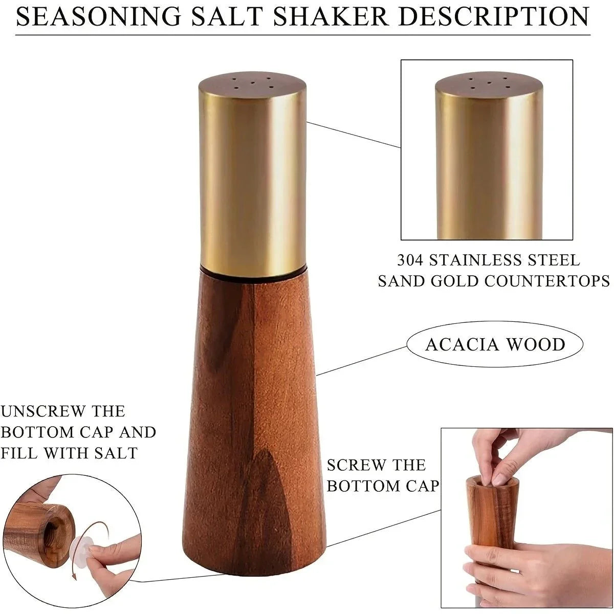 Salt and Pepper Grinder Set with Wooden Base Stainless Steel Manual Salt and Pepper Mills Adjustable Coarseness for Kitchen BBQ Picnic.golden