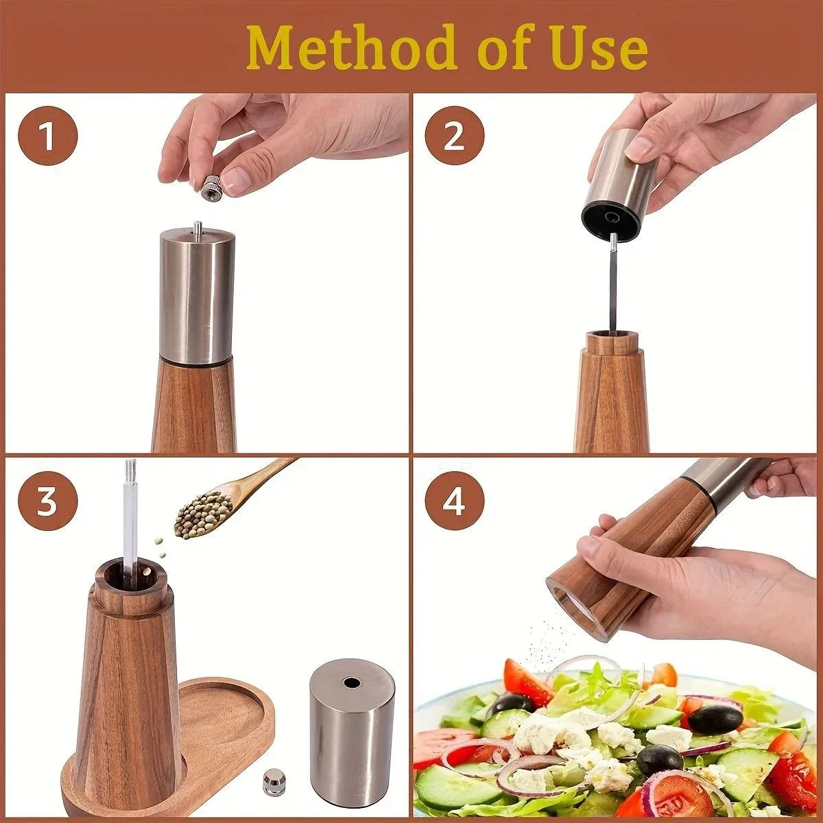 Salt and Pepper Grinder Set with Wooden Base Stainless Steel Manual Salt and Pepper Mills Adjustable Coarseness for Kitchen BBQ Picnic.(silver)