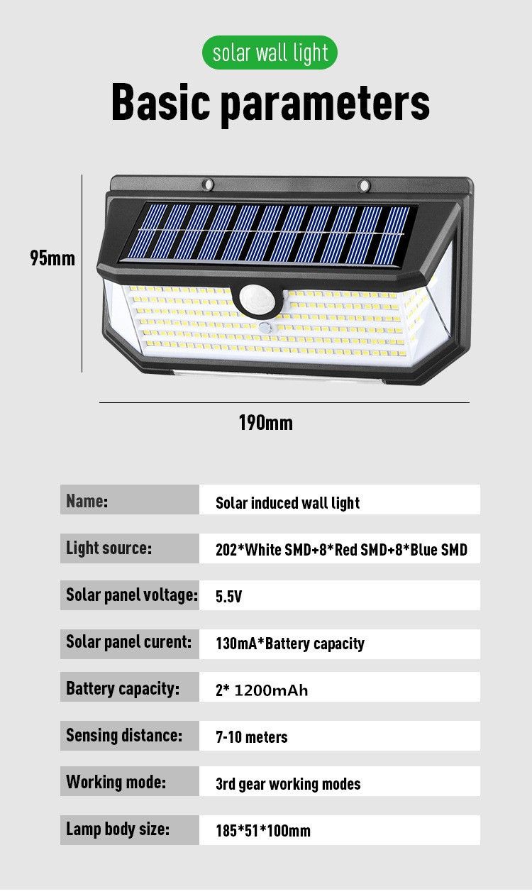 218LED Solar Sensor Wall Light, Smart Light Control, 270° Wide-Angle Illumination, Three Sensing Modes, Energy Saving and Eco-Friendly, No Wiring Installation, Top Choice for Outdoor Security