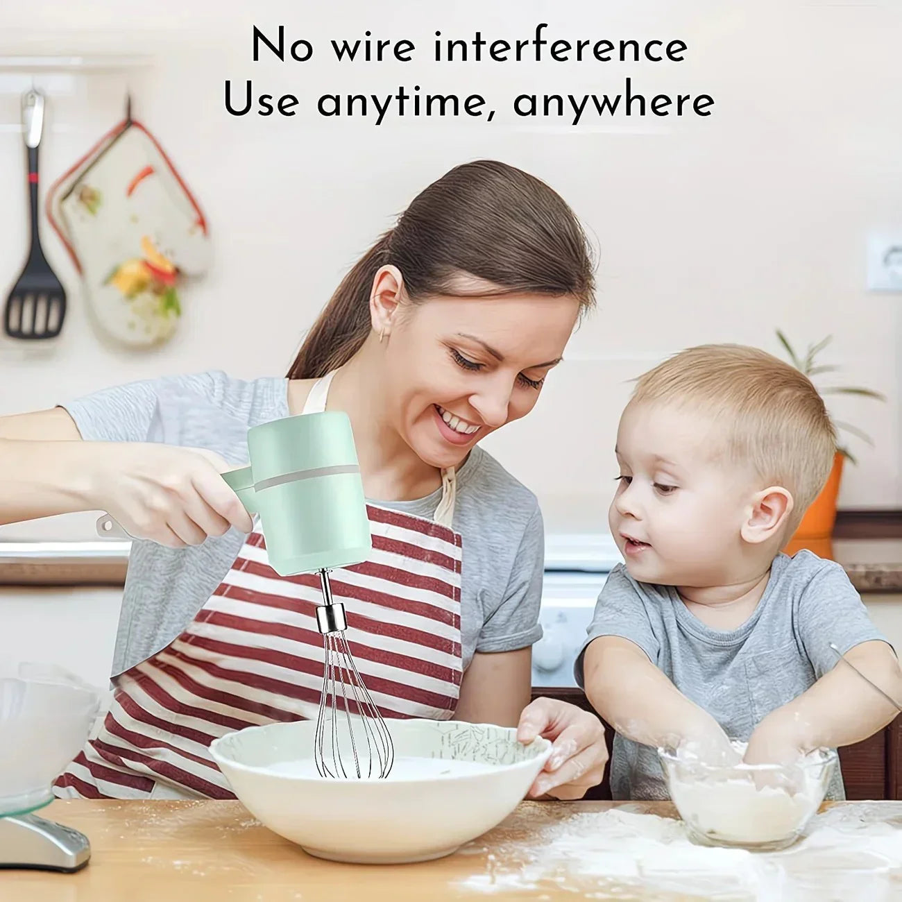 White  Wireless charging handheld mixer, 30W with three-speed settings. Dual whisk heads designed for whipping eggs, cream, and batter. Suitable for both kitchen and outdoor use, also an ideal gift.