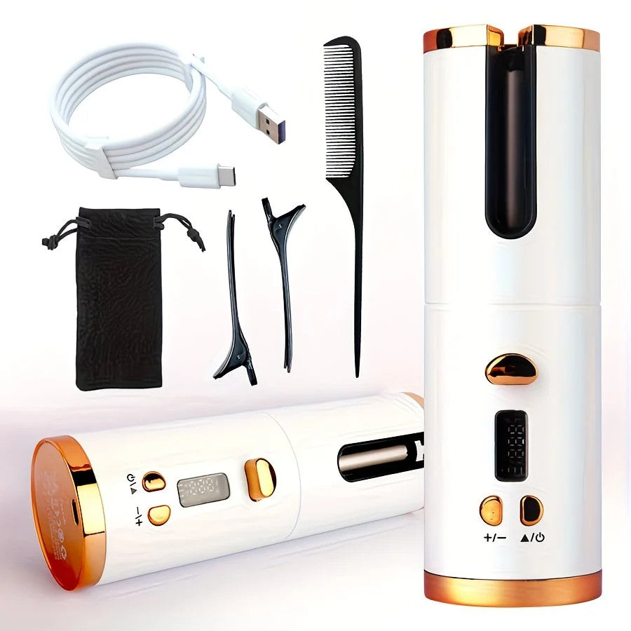 WHITE.Automatic Hair Curling Wand, Tangle-Free Design, Portable USB Charging Rotating Curling Iron with Ceramic Barrel, Suitable for Long Hair, Fast, Ideal for Hairstyling.