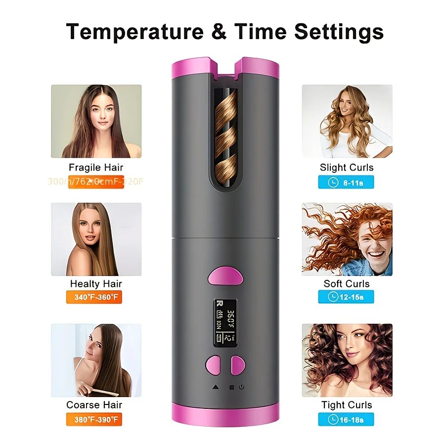 WHITE.Automatic Hair Curling Wand, Tangle-Free Design, Portable USB Charging Rotating Curling Iron with Ceramic Barrel, Suitable for Long Hair, Fast, Ideal for Hairstyling.