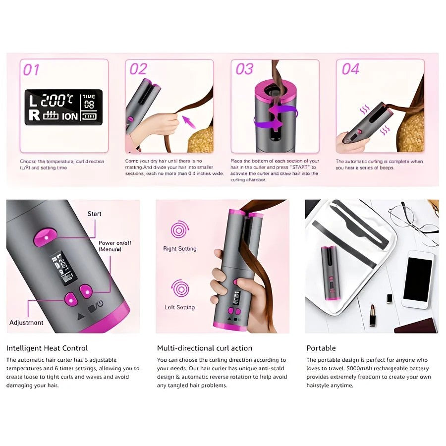 WHITE.Automatic Hair Curling Wand, Tangle-Free Design, Portable USB Charging Rotating Curling Iron with Ceramic Barrel, Suitable for Long Hair, Fast, Ideal for Hairstyling.