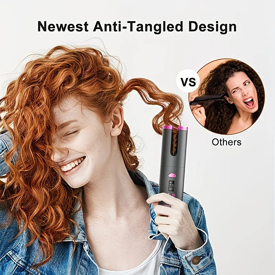 WHITE.Automatic Hair Curling Wand, Tangle-Free Design, Portable USB Charging Rotating Curling Iron with Ceramic Barrel, Suitable for Long Hair, Fast, Ideal for Hairstyling.