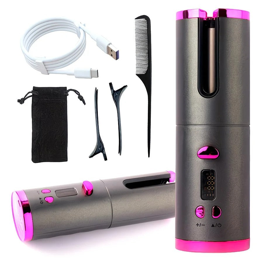 WHITE.Automatic Hair Curling Wand, Tangle-Free Design, Portable USB Charging Rotating Curling Iron with Ceramic Barrel, Suitable for Long Hair, Fast, Ideal for Hairstyling.