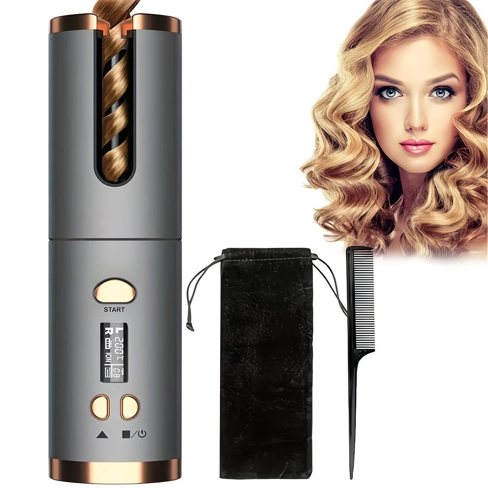 Gray gold Automatic Hair Curling Wand, Tangle-Free Design, Portable USB Charging Rotating Curling Iron with Ceramic Barrel, Suitable for Long Hair, Fast, Ideal for Hairstyling