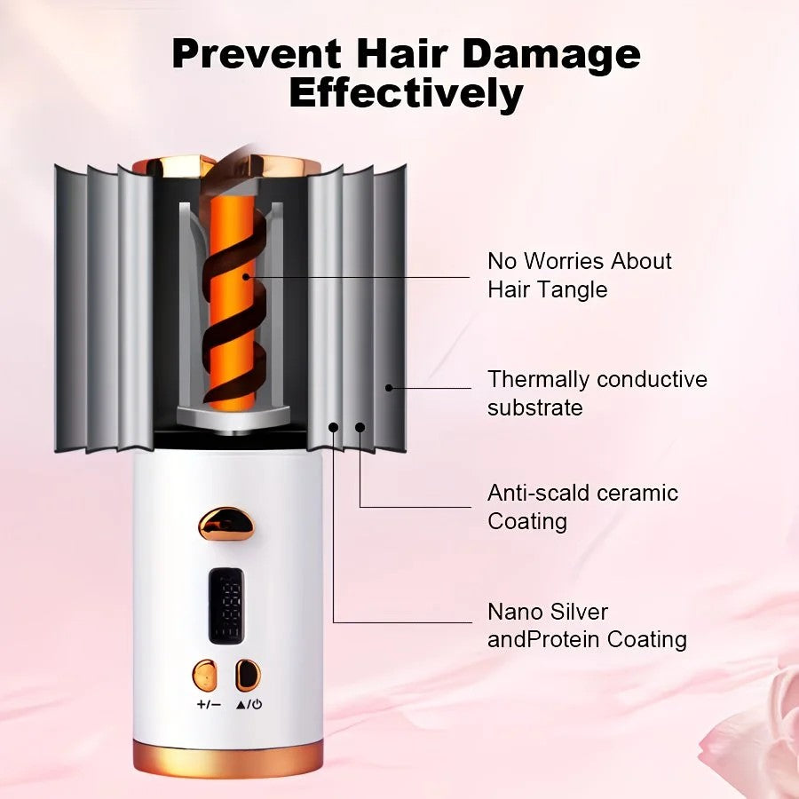 Gray gold Automatic Hair Curling Wand, Tangle-Free Design, Portable USB Charging Rotating Curling Iron with Ceramic Barrel, Suitable for Long Hair, Fast, Ideal for Hairstyling