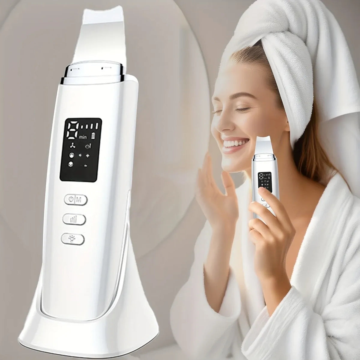 4-in-1 Ultrasonic EMS Skin Spatula: Ion+ Blackhead Extraction & Ion- Serum Infusion, EMS V-Face Lifting, LED Display. The ultimate at-home deep cleansing device.
