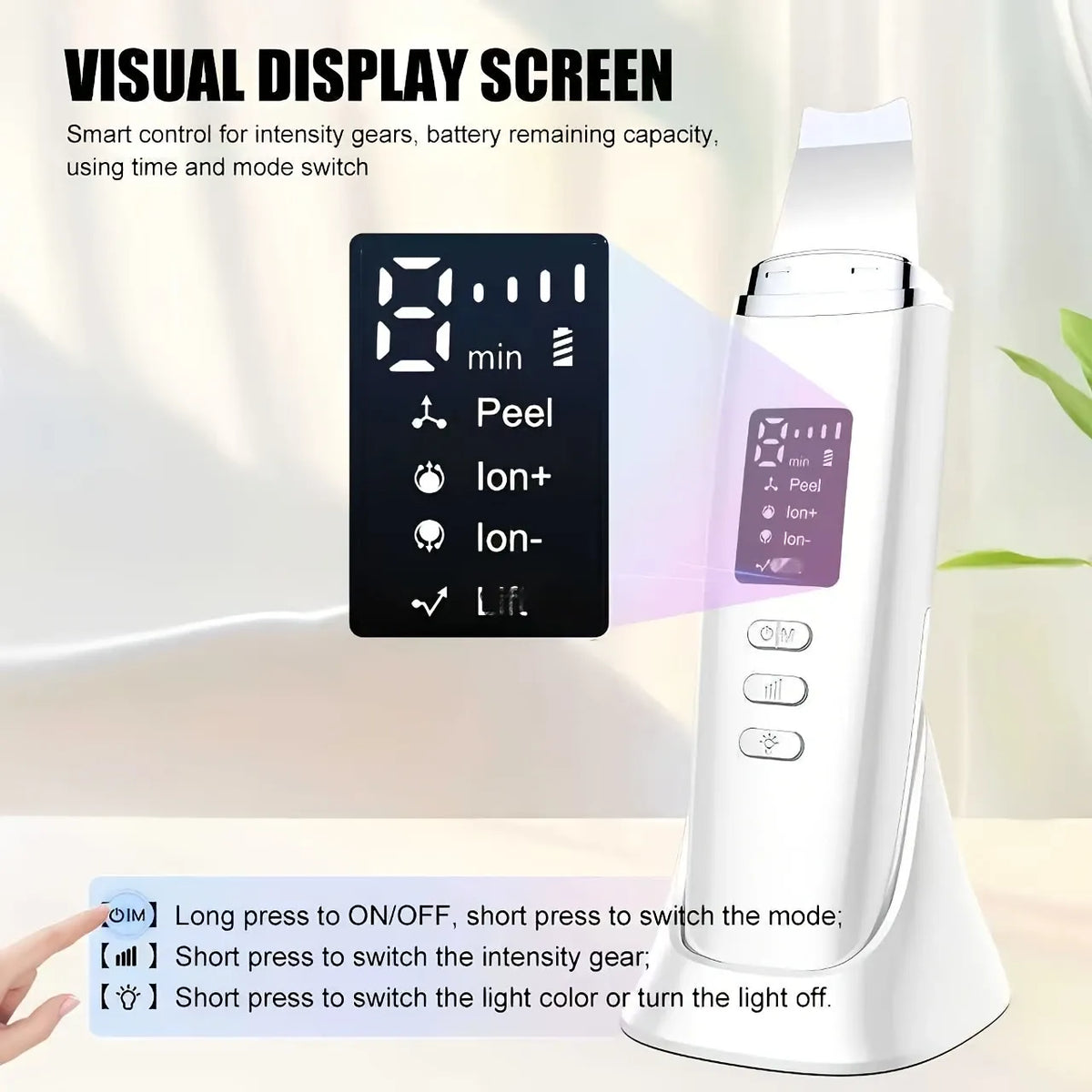 4-in-1 Ultrasonic EMS Skin Spatula: Ion+ Blackhead Extraction & Ion- Serum Infusion, EMS V-Face Lifting, LED Display. The ultimate at-home deep cleansing device.