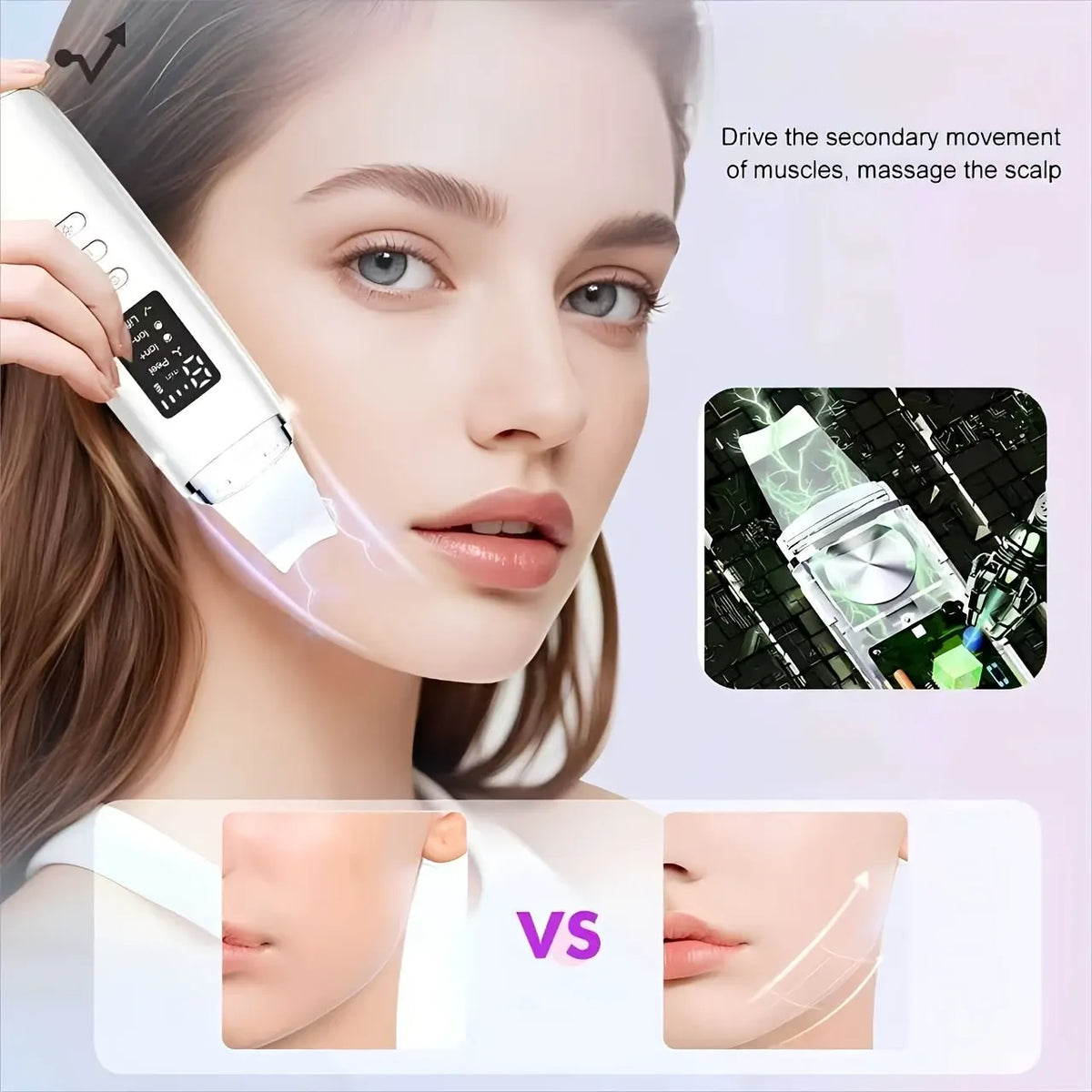 4-in-1 Ultrasonic EMS Skin Spatula: Ion+ Blackhead Extraction & Ion- Serum Infusion, EMS V-Face Lifting, LED Display. The ultimate at-home deep cleansing device.