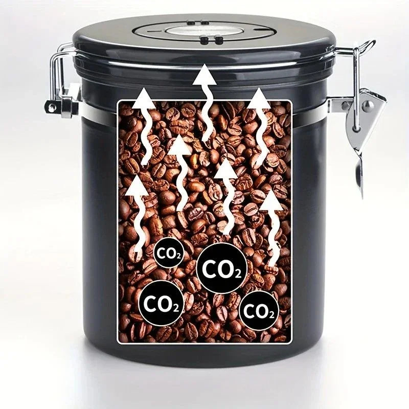 1500ml 304 Stainless Steel Coffee Canister Airtight Coffee Bean Storage Jar with Wood Grain Lid and Scoop