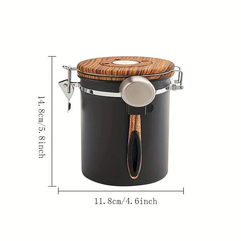 1500ml 304 Stainless Steel Coffee Canister Airtight Coffee Bean Storage Jar with Wood Grain Lid and Scoop