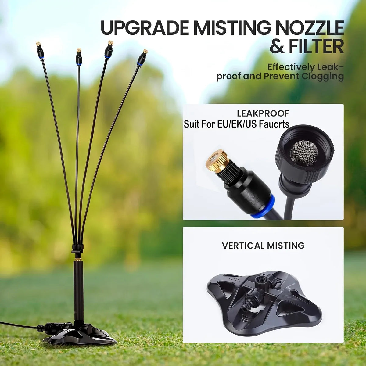 Vertical multi-arm mist cooling system, 360° surround atomization, brass anti-clog nozzles, 8m tubing, no electricity needed—connects to faucet and sprays instantly, supports multi-sprinkler series connection, ideal for patio, garden, and outdoor cooling.