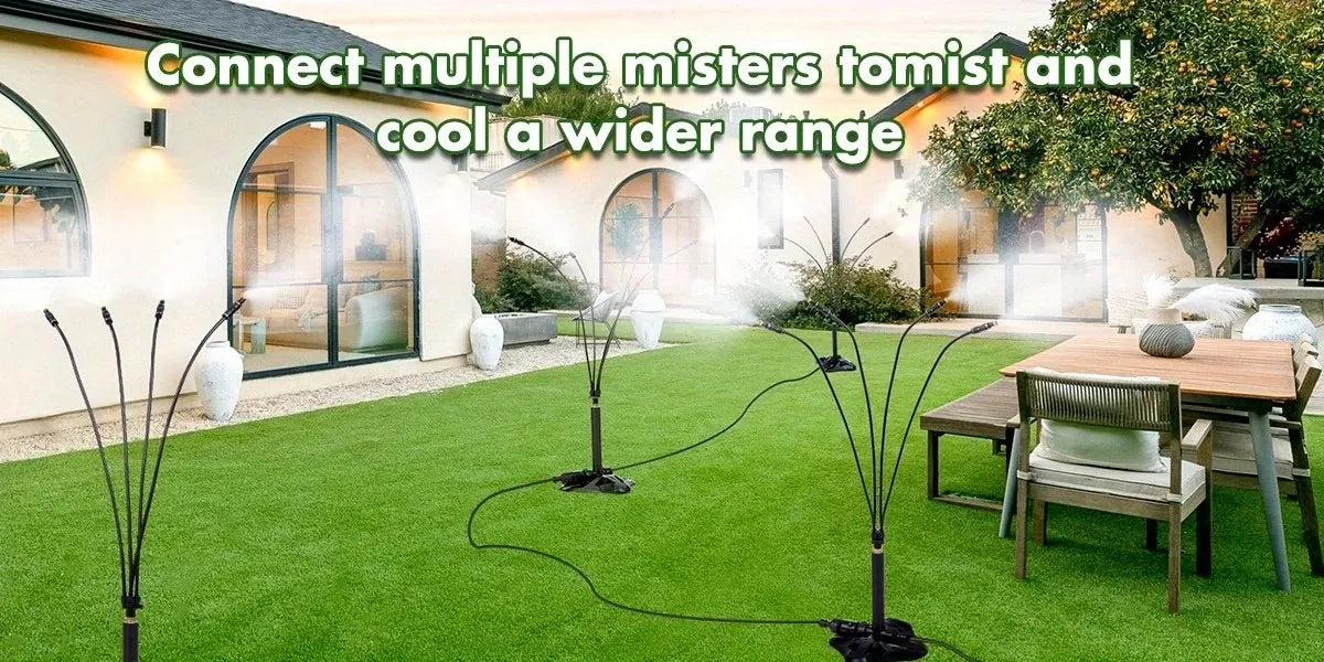 Vertical multi-arm mist cooling system, 360° surround atomization, brass anti-clog nozzles, 8m tubing, no electricity needed—connects to faucet and sprays instantly, supports multi-sprinkler series connection, ideal for patio, garden, and outdoor cooling.