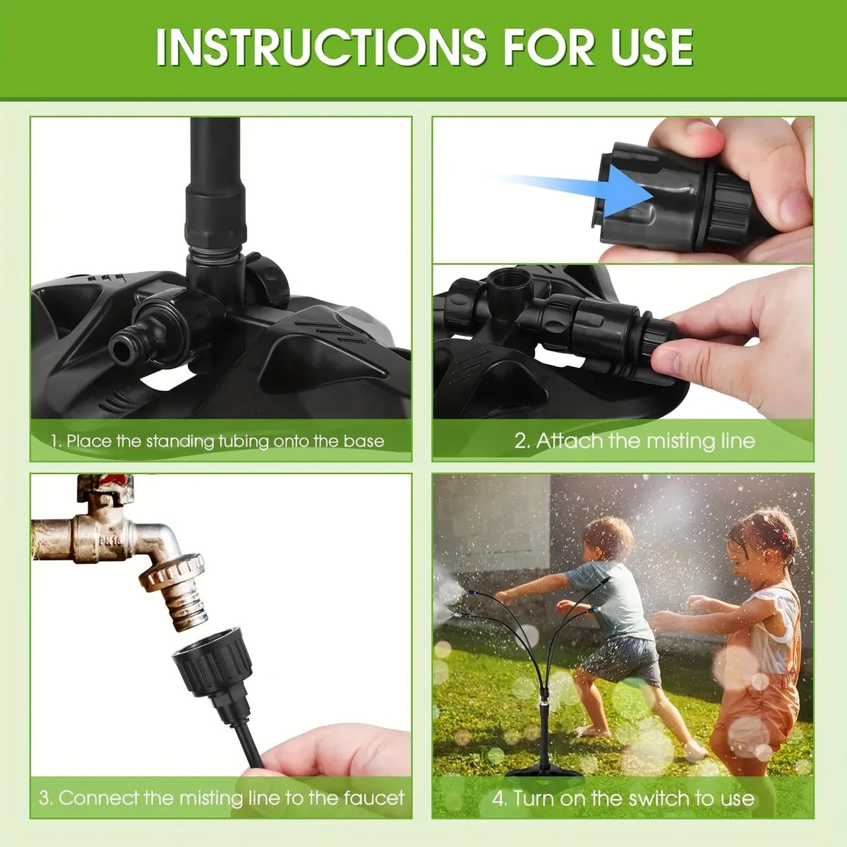 Vertical multi-arm mist cooling system, 360° surround atomization, brass anti-clog nozzles, 8m tubing, no electricity needed—connects to faucet and sprays instantly, supports multi-sprinkler series connection, ideal for patio, garden, and outdoor cooling.