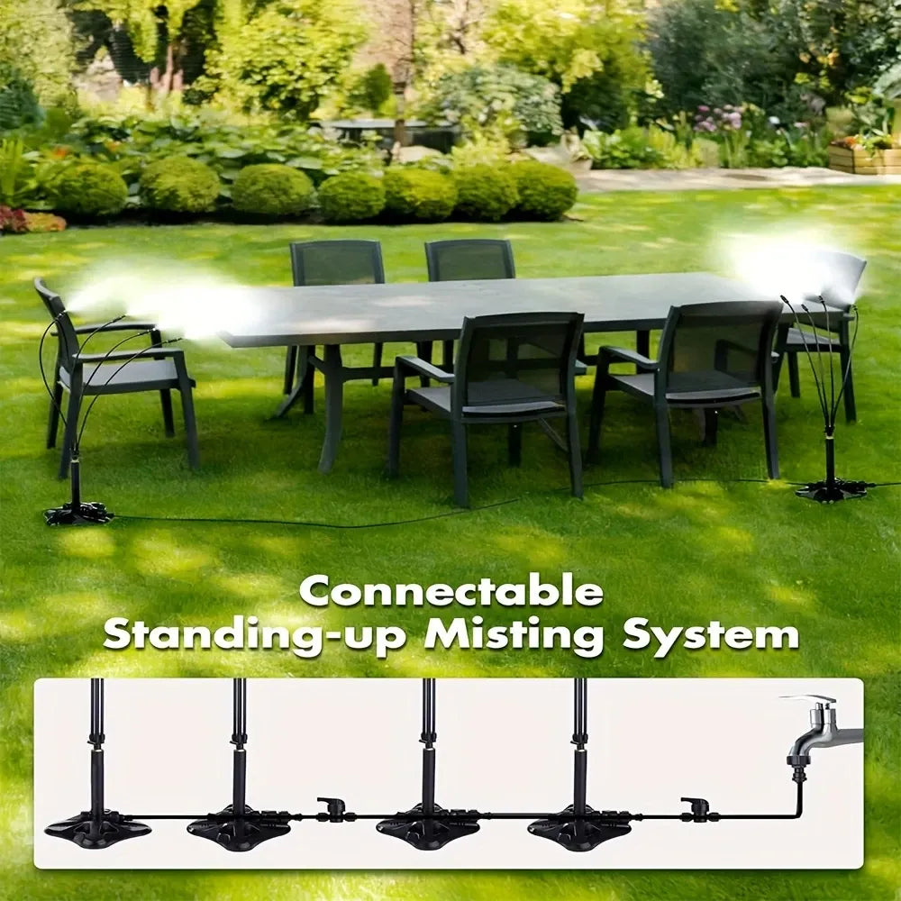 Vertical multi-arm mist cooling system, 360° surround atomization, brass anti-clog nozzles, 8m tubing, no electricity needed—connects to faucet and sprays instantly, supports multi-sprinkler series connection, ideal for patio, garden, and outdoor cooling.