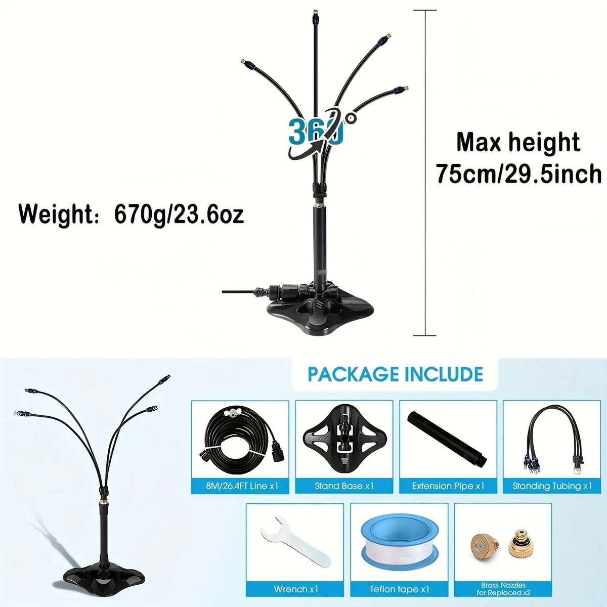 Vertical multi-arm mist cooling system, 360° surround atomization, brass anti-clog nozzles, 8m tubing, no electricity needed—connects to faucet and sprays instantly, supports multi-sprinkler series connection, ideal for patio, garden, and outdoor cooling.