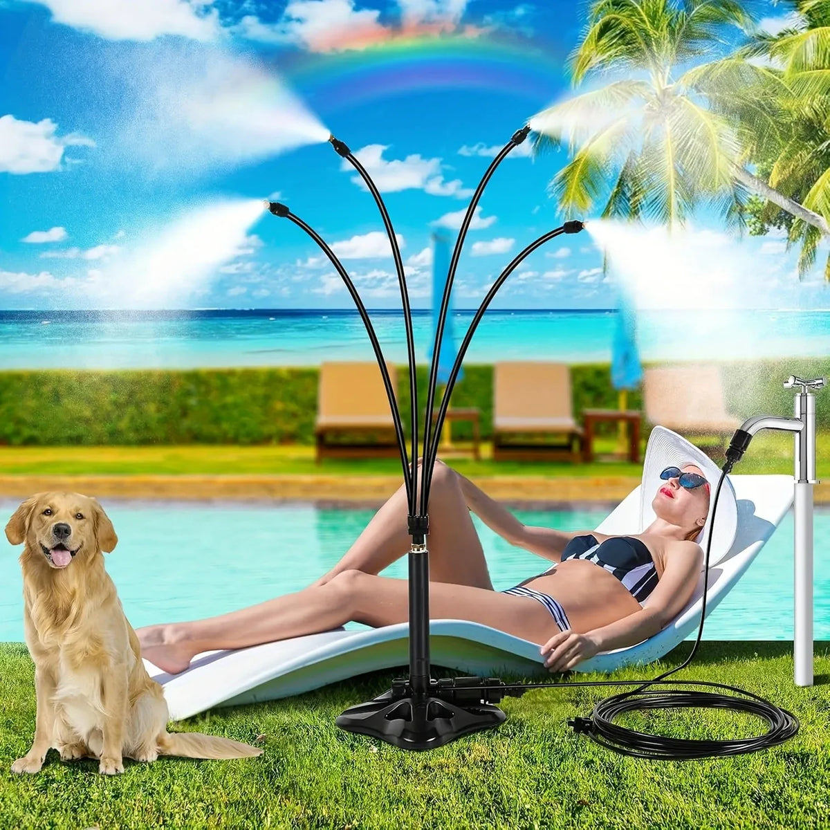 Vertical multi-arm mist cooling system, 360° surround atomization, brass anti-clog nozzles, 8m tubing, no electricity needed—connects to faucet and sprays instantly, supports multi-sprinkler series connection, ideal for patio, garden, and outdoor cooling.
