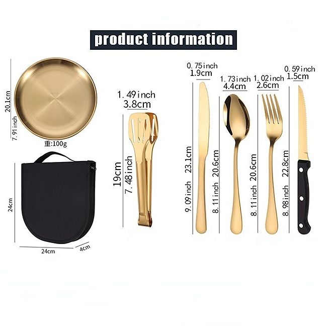 【10-Piece】Outdoor Portable Stainless Steel Cutlery Set, food-grade material, includes knife, fork, spoon, plate & tongs. Comes with a carry bag, essential for camping, commuting & dining.(silver)