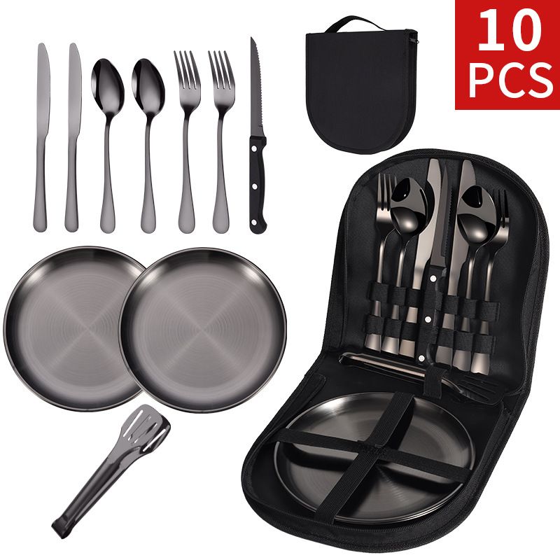 【10-Piece】Outdoor Portable Stainless Steel Cutlery Set, food-grade material, includes knife, fork, spoon, plate & tongs. Comes with a carry bag, essential for camping, commuting & dining.(silver)
