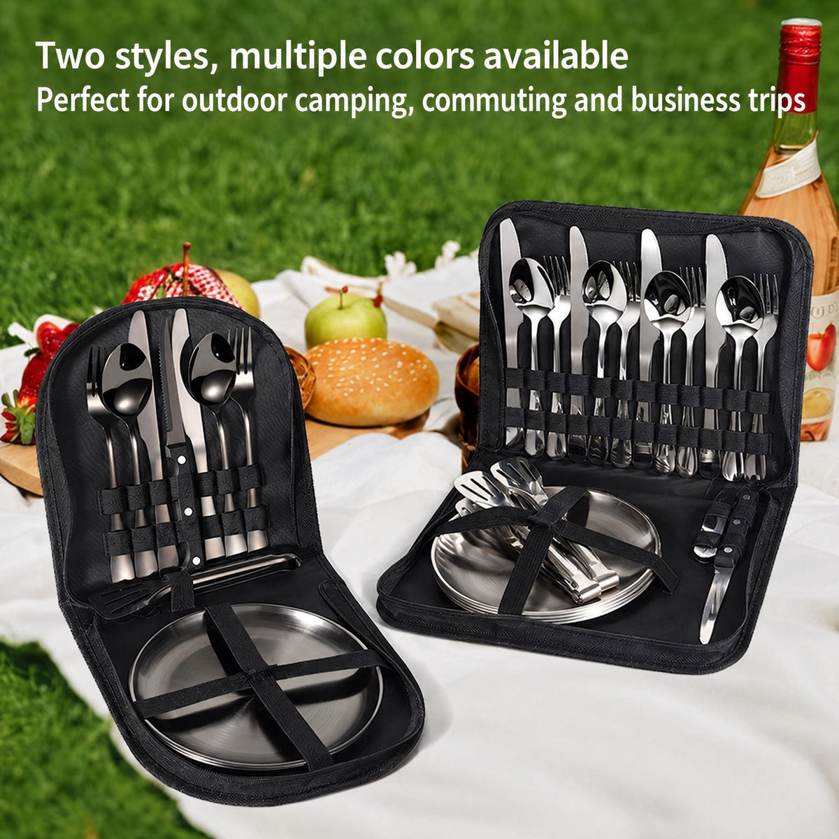 【10-Piece】Outdoor Portable Stainless Steel Cutlery Set, food-grade material, includes knife, fork, spoon, plate & tongs. Comes with a carry bag, essential for camping, commuting & dining.(golden)