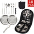 【10-Piece】Outdoor Portable Stainless Steel Cutlery Set, food-grade material, includes knife, fork, spoon, plate & tongs. Comes with a carry bag, essential for camping, commuting & dining.(golden)