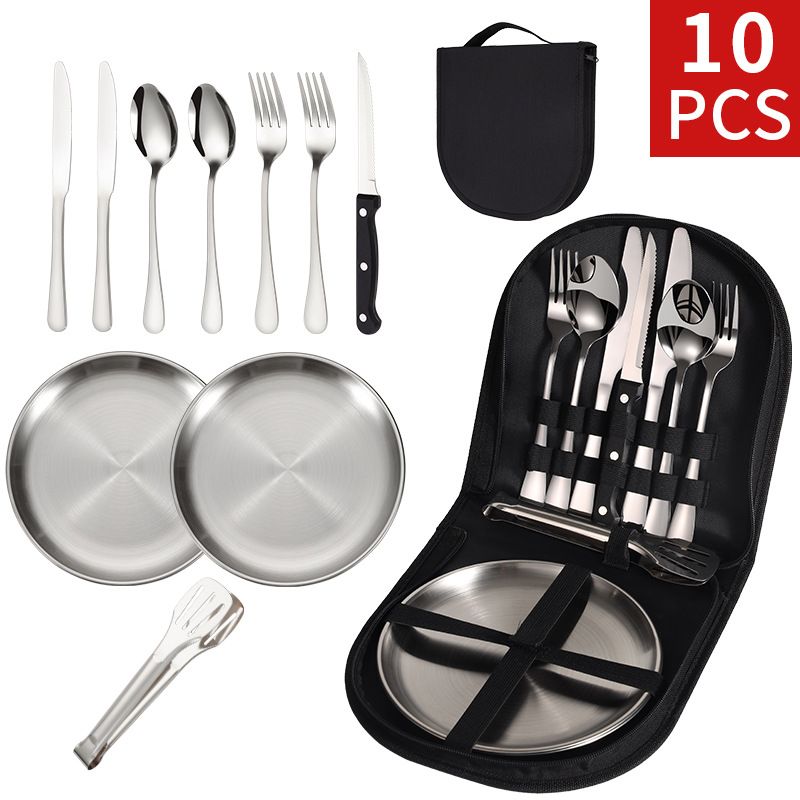 【10-Piece】Outdoor Portable Stainless Steel Cutlery Set, food-grade material, includes knife, fork, spoon, plate & tongs. Comes with a carry bag, essential for camping, commuting & dining.(black)