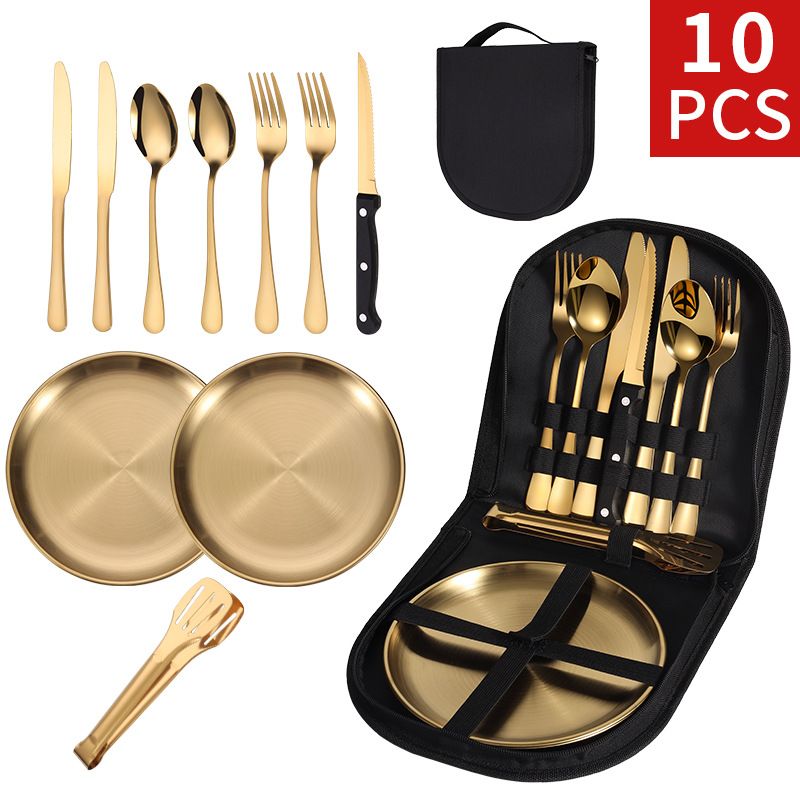 【10-Piece】Outdoor Portable Stainless Steel Cutlery Set, food-grade material, includes knife, fork, spoon, plate & tongs. Comes with a carry bag, essential for camping, commuting & dining.(black)
