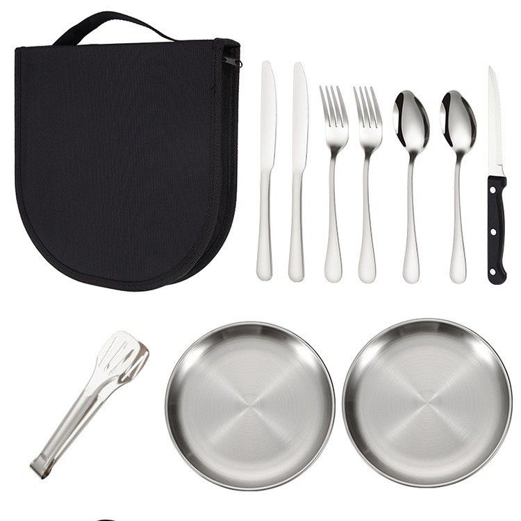 【20-Piece】Outdoor Portable Stainless Steel Cutlery Set, food-grade material, includes knife, fork, spoon, plate, tongs & opener. Comes with carry bag, essential for camping, commuting & dining.(black)