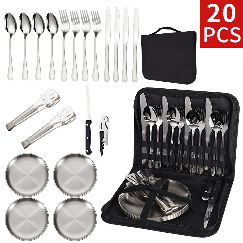 【20-Piece】Outdoor Portable Stainless Steel Cutlery Set, food-grade material, includes knife, fork, spoon, plate, tongs & opener. Comes with carry bag, essential for camping, commuting & dining.(black)