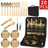 【20-Piece】Outdoor Portable Stainless Steel Cutlery Set, food-grade material, includes knife, fork, spoon, plate, tongs & opener. Comes with carry bag, essential for camping, commuting & dining.(golden)
