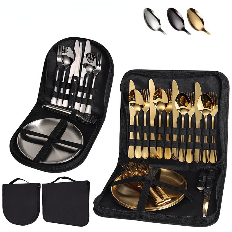 【20-Piece】Outdoor Portable Stainless Steel Cutlery Set, food-grade material, includes knife, fork, spoon, plate, tongs & opener. Comes with carry bag, essential for camping, commuting & dining.(golden)