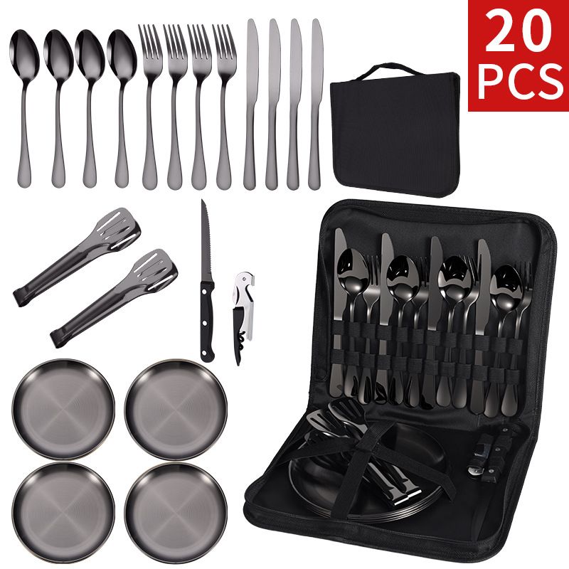 【20-Piece】Outdoor Portable Stainless Steel Cutlery Set, food-grade material, includes knife, fork, spoon, plate, tongs & opener. Comes with carry bag, essential for camping, commuting & dining.(golden)
