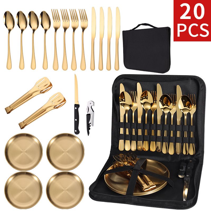 【20-Piece】Outdoor Portable Stainless Steel Cutlery Set, food-grade material, includes knife, fork, spoon, plate, tongs & opener. Comes with carry bag, essential for camping, commuting & dining.(silver)