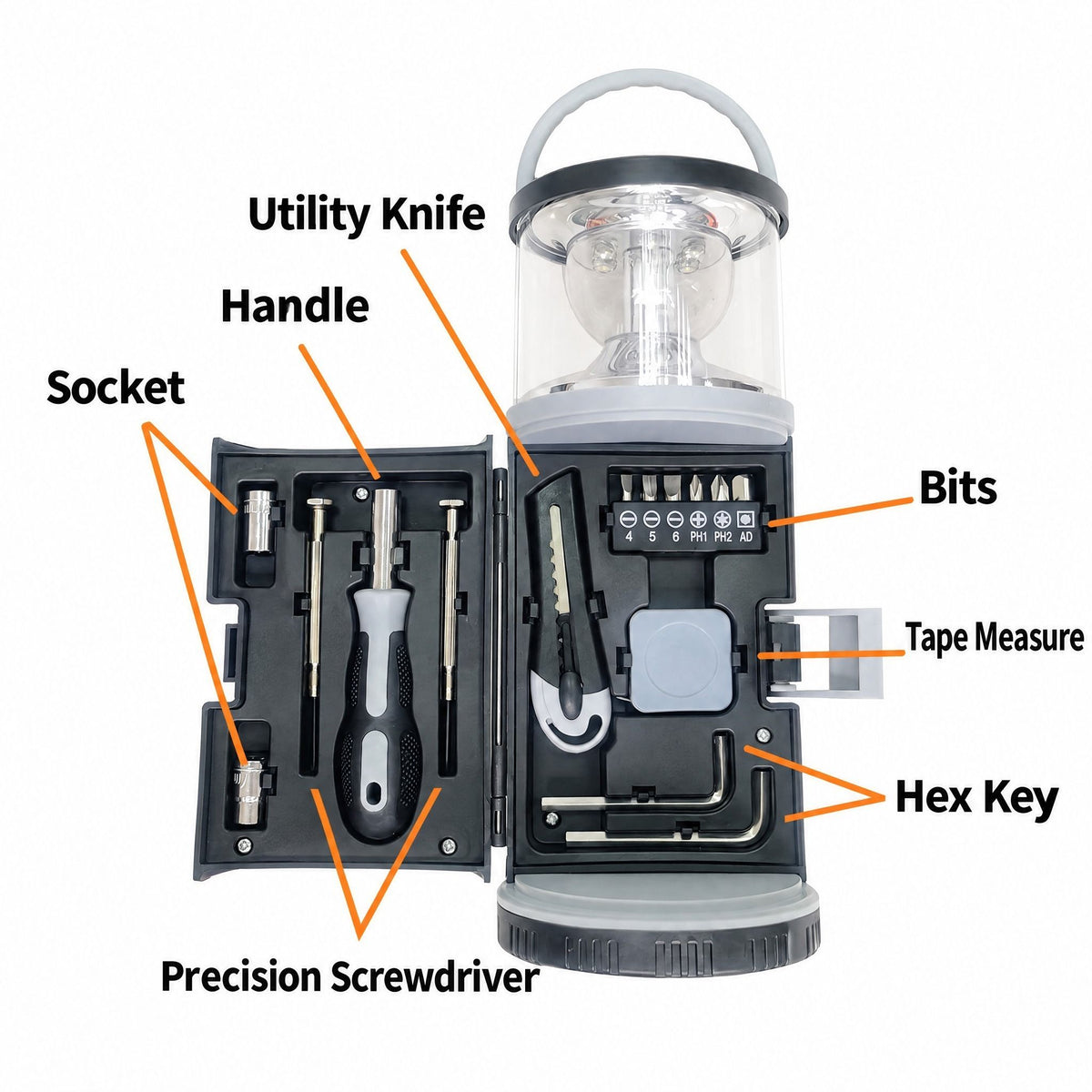 Multi-Functional Camping Lantern Tool Set, 6 White + 4 Red LED, Built-in Bits/Tape Measure/Utility Knife/Sockets, ABS Lightweight Portable, Outdoor Lighting & Home Repair