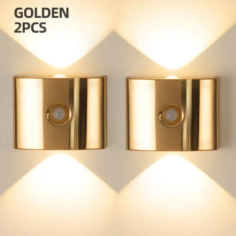 2PCS Induction wall lamp with three-color stepless dimming, 120° auto shut-off, USB rechargeable magnetic installation. Smart motion-sensing LED wall lamp, serving as both a night light and an ambient light./golden