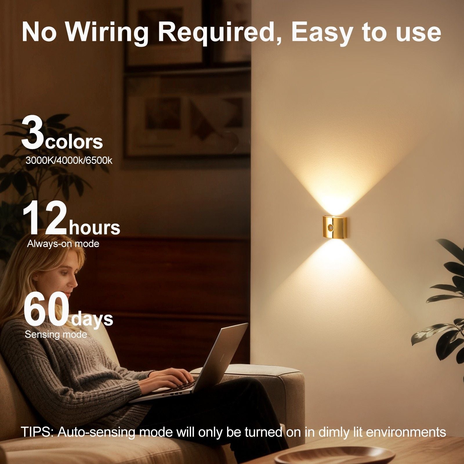 2PCS Induction wall lamp with three-color stepless dimming, 120° auto shut-off, USB rechargeable magnetic installation. Smart motion-sensing LED wall lamp, serving as both a night light and an ambient light./golden
